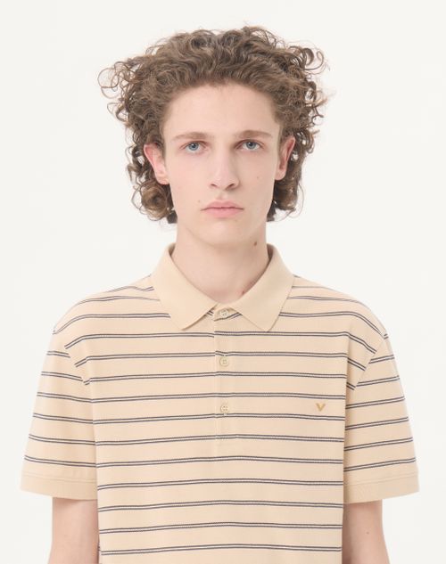 Valentino - Valentino Cotton Pique Polo Shirt With Vgold Stripes - Beige/navy - Man - T-shirts And Sweatshirts